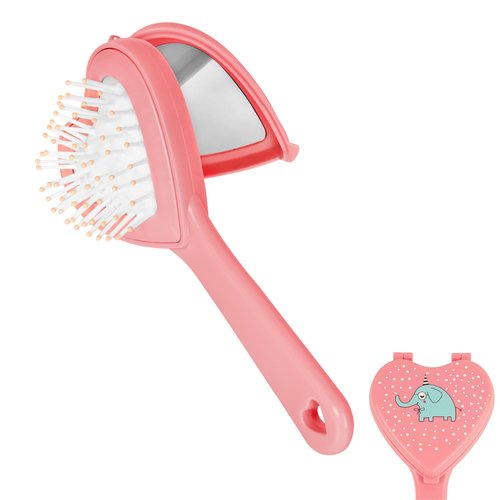 CAIRIAC Pink Handheld Hair Brushes, 2-in-1 Elephant Brushes Mirror Set, Handheld Mirror Hair Tools, Stylish Travel Brush with Mirror for Girls Women