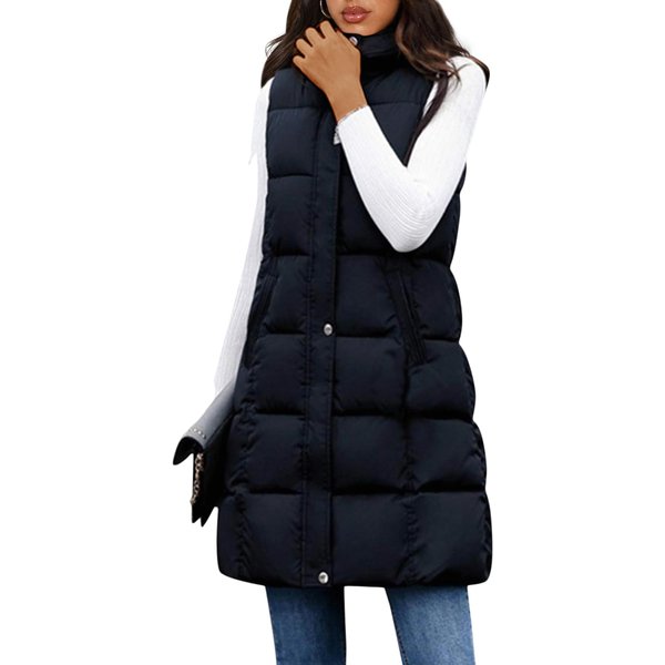 Fiona Jolin Long Puffer Vest Women Hooded Warm Padded Winter Coats Sleeveless Puffy Jackets Outerwear Vests (Black-M)