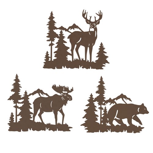 Waiu Metal wall art decor deer bear moose in the forest pine tree, 9.3inch set of 3 Rustic Concise Decoration Hanging for living room bedroom bathroom indoor outdoor, Lodge, Hunting, Cabin Wall Decor,