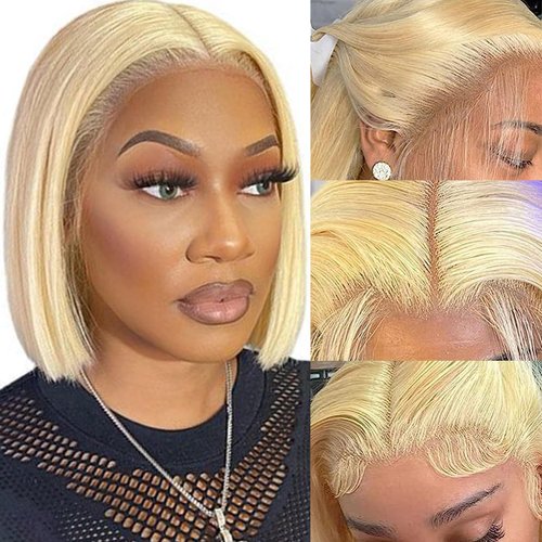 Honey Blonde 13x6 Transparent Lace Frontal Wigs For Black Women 180% Density 13x6 Blonde Short Straight Lace Bob Wigs Human Hair Pre Plucked Brazilian Remy Human Hair Blonde Glueless Lace Wig 16 Inch