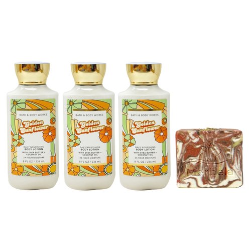 Bath & Body Works Golden Sunflower 3 Pack Body Lotion Set with a Clay and Rosemary Bar Soap - Full Size