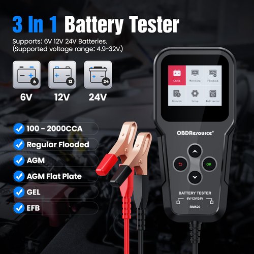 OBDResource Car Battery Tester 6V 12V 24V 3in1 Battery Load Tester Professional Automotive Battery Analyzer Alternator 100-2000 CCA Battery Loading/Cranking/Charging Test