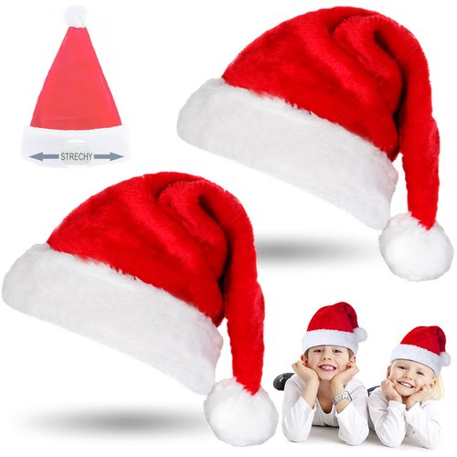 ONEUPIN 2 Pack Santa Hat Kids Plush Christmas Hat Confortable Velvet Red Christmas Hat with Retractable Rubber Band Unisex Velvet Cozy Xmas Hat For New Year's Holiday Party Supplies