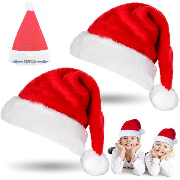 ONEUPIN 2 Pack Santa Hat Kids Plush Christmas Hat Confortable Velvet Red Christmas Hat with Retractable Rubber Band Unisex Velvet Cozy Xmas Hat For New Year's Holiday Party Supplies