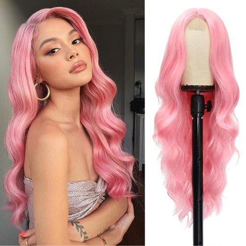 YESEGO Long Pink Wigs 26 Inch Curly Wigs for Women Wavy Middle Part Natural Looking Synthetic Lace Front Wig for Daily Party Use, Pink