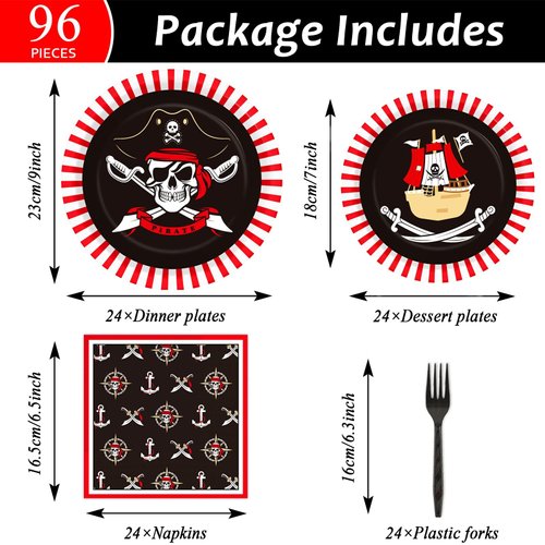 ZOIIWA 96pcs Pirate Tableware Set Pirate Party Decorations Pirate ship Bone Halloween Dinnerware Supplies for Adult Teens Kids Decor Party Favor and Disposable Paper Goods,Severs 24