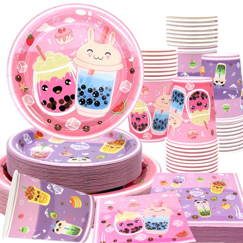 Obussgar Bubble Tea Birthday Party Decorations - Tea Party Supplies including Plates, Cups, Napkins for Girls Birthday Party Decorations (40)