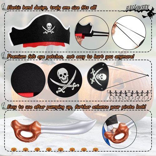 Legigo 36 Pcs Funny Pirate Party Set- Pirate Kids' Party Cosplay Supplies Include 12 Felt Pirate Hats, 12 Pirate Eye Patches, 12 Inflatable Swords for Caribbean Fancy Dress Cosplay Party Stage Prop