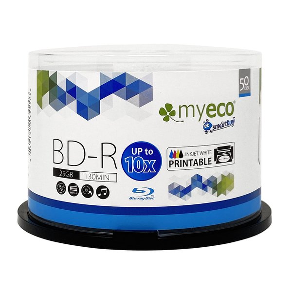 50 Pack Myeco Bd-r BDR Blu-ray 25gb Upto 10x White Inkjet Hub Printable Blank Data Recordable Media Disc with Cakebox/Spindle Packing