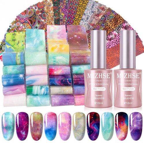 MIZHSE Nail Foil Glue Transfer Gel 18ml, with Flowers Leopard Marble Pattern Foil Sticker 40 Pcs and Push Pen Home DIY Nail Art Manicure Set