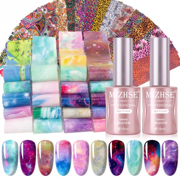 MIZHSE Nail Foil Glue Transfer Gel 18ml, with Flowers Leopard Marble Pattern Foil Sticker 40 Pcs and Push Pen Home DIY Nail Art Manicure Set