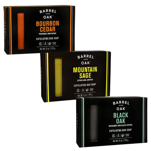Barrel and Oak - Exfoliating Bar Soap Variety Pack, Men's Soap Bar, Natural Exfoliator, Skin Scrub, Deep Cleans Pores (6 oz Per Bar Soap, 3-Pack)