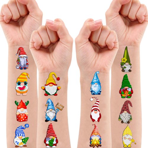 110 PCS Gnome Christmas Temporary Tattoos Themed Birthday Party Decorations Favors Supplies Decor Gnomes Garden Colorful Xmas Winter Tattoo Stickers Gifts For Game Boys Girls Classroom School Prizes