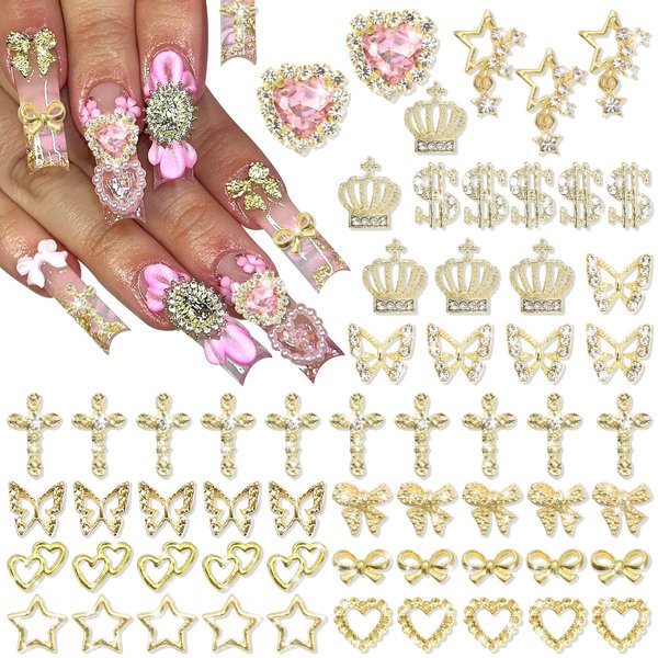 YAEISM 180PCS Gold Nail Charms Cross Crystal Star Nail Charms 3D Gold Butterfly Charms Sparkly Crown Nail Charms Shiny Dollar Sign Nail Charm Bling Cross Bowknot Starlight for Nail Art and DIY
