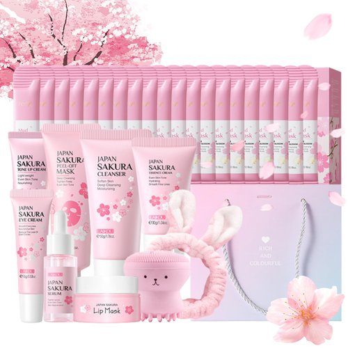 Sakura Skin Care Sets & Kits, Japanese Cherry Blossom Women Beauty Gift Sets, Facial Kit for Women, Skincare Set for Teenage Girls, Daily Care All in One Set, Face Care Set for Women & Girls 32PCS
