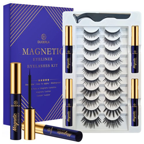 DUOERLA Magnetic Lashes with Eyeliner and Applicator, 10 Pairs Reusable Magnetic Eyelashes kit and 4 Tubes of Waterproof Magnetic Eyeliner, [Upgraded] 3D Natural Looking, Long Lasting,Easy to Apply.