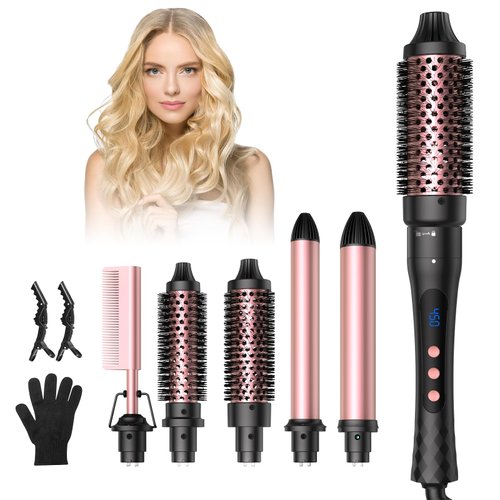 6 in 1 Curling Iron,Curling Wand Set and Thermal Brush Hair Tool,12 Temp Heating Setting Hot Comb,Interchangeable Ceramic Wand Curling Iron 110-240V