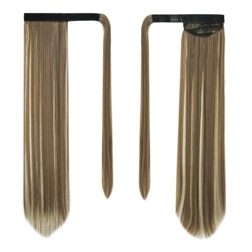 BARSDAR Straight Ponytail Extension - 26 Inch Long Straight Wrap Around Ponytail for Women Clip in Ponytail Hair Extensions Synthetic Hair Pony Tails Hairpieces Daily - Medium Brown & Highlights
