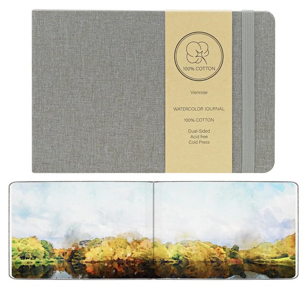 Vienrose 2 Pack Watercolor Sketchbook, 5.5"x3.5" Watercolor Journal with 24 Sheets 140 LB (300 GSM) 100% Cotton Watercolor Paper, Grey Linen Cover Water Coloring Sketch Book