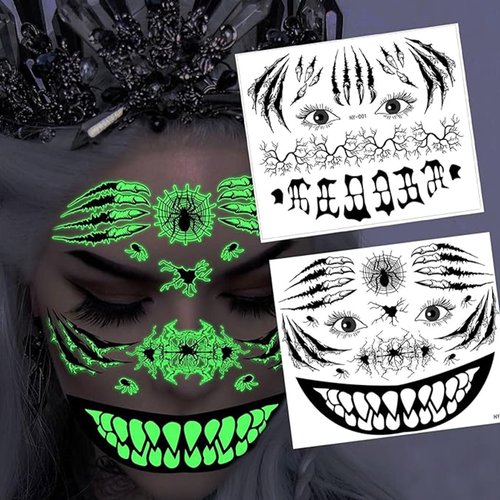 Halloween Temporary Tattoos Stickers Skeleton Face Tattoo Stickers Black Skull Face Stickers Glow In The Dark Mouth Sticker Face/Eye/Body Accessories for Adult Halloween Makeup Party（01）