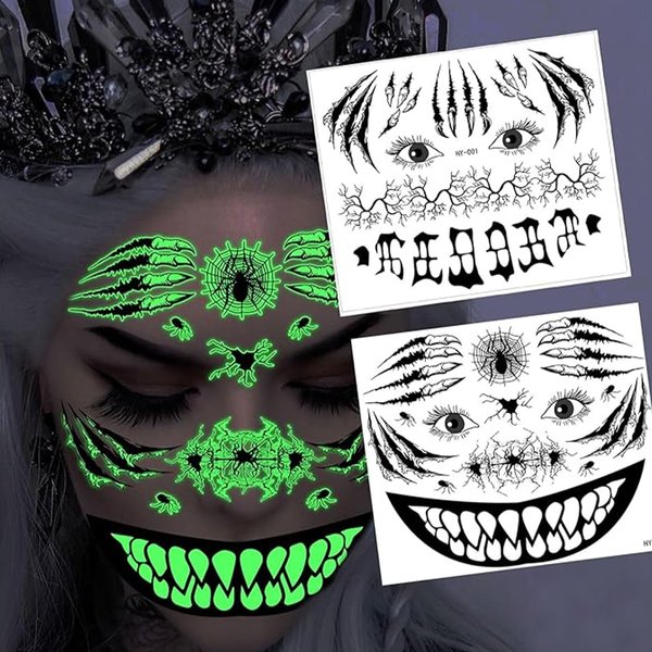 Halloween Temporary Tattoos Stickers Skeleton Face Tattoo Stickers Black Skull Face Stickers Glow In The Dark Mouth Sticker Face/Eye/Body Accessories for Adult Halloween Makeup Party（01）