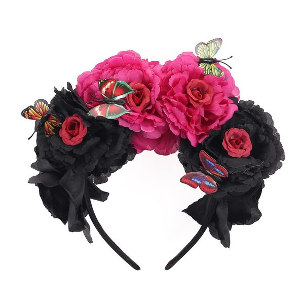 Bubbmi Mexican Flower Crown Headband with Butterfly, Day of the Dead Headpiece, Halloween Festival Headwear, Dia De Los Muertos Hairhoop(Mexican A)