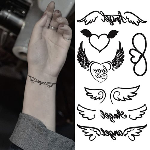 Oottati 2 Sheets Waterproof Small Cute Fake Hand Finger Wrist Temporary Tattoos Stickers Angel Love Heart Wing