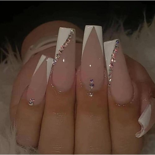 Enppode French Tip Press on Nails Long Stick on Nails White Nails with Rhinestones Glossy Coffin Fake Nails