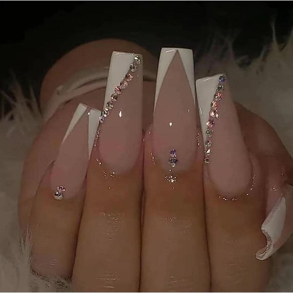 Enppode French Tip Press on Nails Long Stick on Nails White Nails with Rhinestones Glossy Coffin Fake Nails