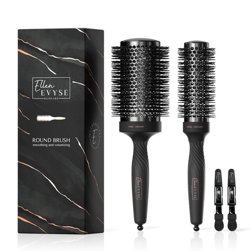 Ellen Evyse 2 in 1 Brush set, Ceramic Round Brush for Blow Drying ，With High Fibre Nylon for Shiny, Smooth.Blow Out Volume,Perfect for Women & Men,with 2 x Hair Clips (2.1inch&1.3inch).