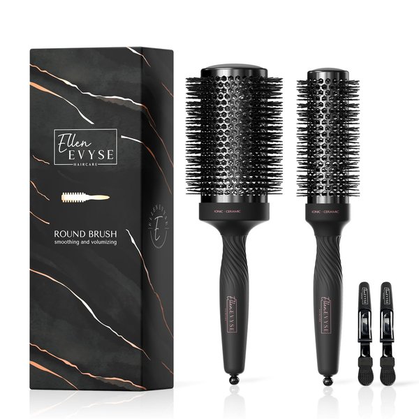 Ellen Evyse 2 in 1 Brush set, Ceramic Round Brush for Blow Drying ，With High Fibre Nylon for Shiny, Smooth.Blow Out Volume,Perfect for Women & Men,with 2 x Hair Clips (2.1inch&1.3inch).