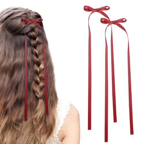 Bow Hair Clips,2 PCS Red Hair Bows Tassel Hair Ribbons,Long Hair Bow Satin Hair Clip Ribbon Accessories for Women Valentine's Day (Deep Red)