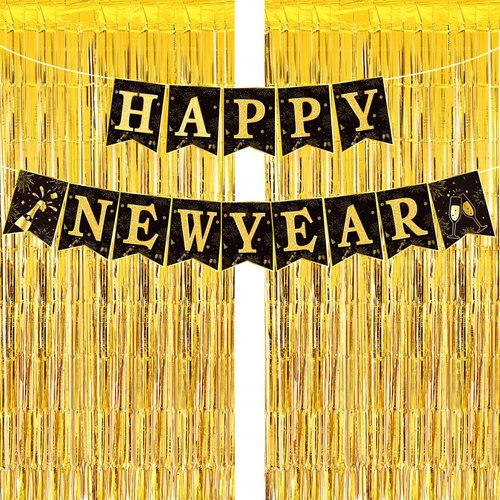 Zhehao Happy New Year Banner and 3.3 x 6.6 ft Gold Foil Fringe Curtains 2025 New Years Party Supplies Tinsel Streamer Backdrop New Year Bunting Banner for New Year Eve Party Decorations Celebration
