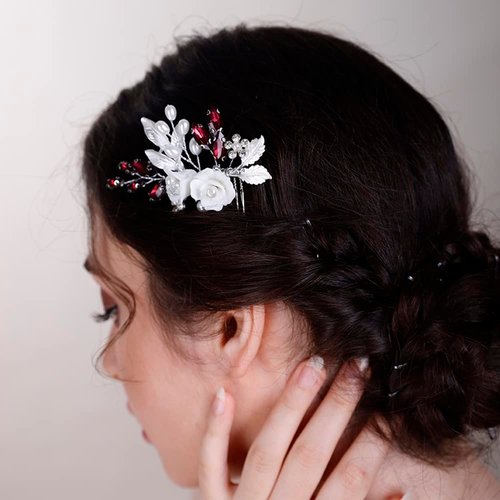 BERYUAN White Rose Flower Crystal Hair Comb for Women Cute Crystal Comb for Bride RED 1