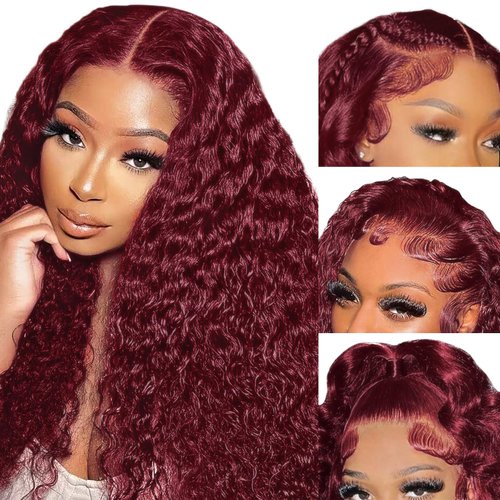 Jessica Hair 7x6 Glueless Wigs Burgundy HD Lace Front Wigs Pre Plucked 180% Density 7x6 Lace Front Wigs with Bleached Knots Wine Red Colored Jerry Curly Wigs(24 Inch)