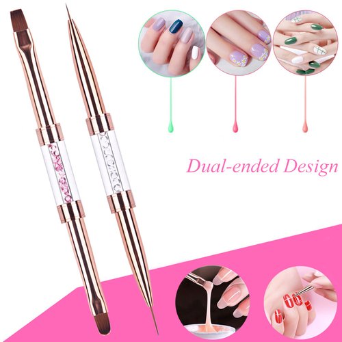 Ycyan 2Pcs Dual-ended UV Gel Nail Brush Set Rhinestone Handle Nail Art Design Brushes Professional Nail Tools Rose Gold