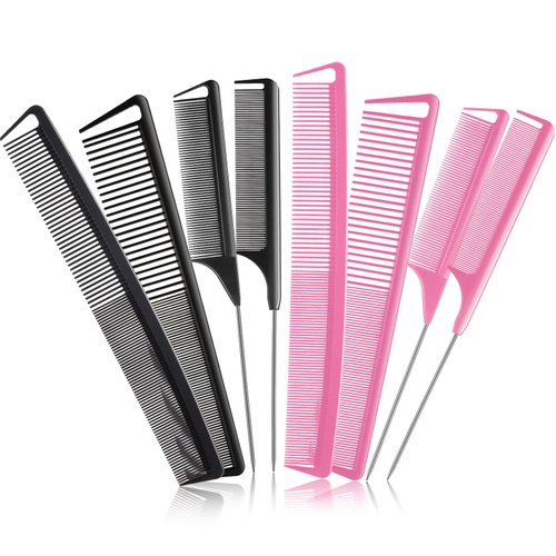 8 Pieces Rat Tail Combs for Women Fine Tooth Comb Parting Carbon Fiber Teasing Styling Combs and Cutting Comb Fiber Pintail Hairdressing Comb for Braids Salon Home Supplies, Black and Pink