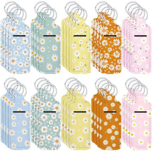Ctosree 40 Pcs Colorful Daisy Theme Lipstick Holder Keychain Bulk with Portable Clip on Lip Gloss Sleeve Pouch Lipstick Holder Keychain Daisy Pocket Lip Balm Holder,10 Pattern