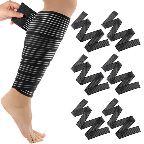 Elastic Calf Leg Compression Bandage Sleeve for Men and Women, Compression Wraps Lower Legs for Stabilising Ligament, Joint Pain, Sport, Adjustable Black (6 Pieces,180 cm)