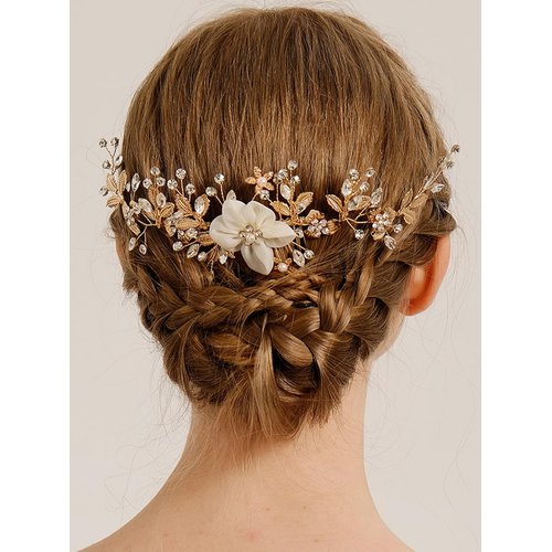 Missgrace Bridal Gold Flower Leaf Hair Comb Sparkling Rhinestones Headpiece for Women Elegant Hair Comb Hair Accessoires for Bride Women