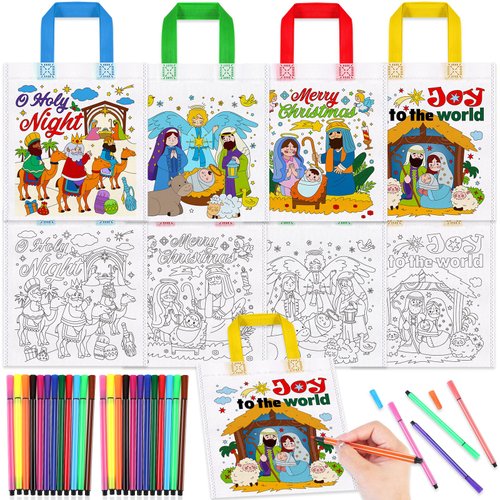 HOWAF 12 Pcs Nativity Christmas Coloring Gift Bags for kids Nativity Scene Bags with 24 Paint Pens,Holy Night Christian Coloring Non-Woven Gift Bags Religious Christmas Joy to the World Gift Bags for Xmas classroom Supplies Activity