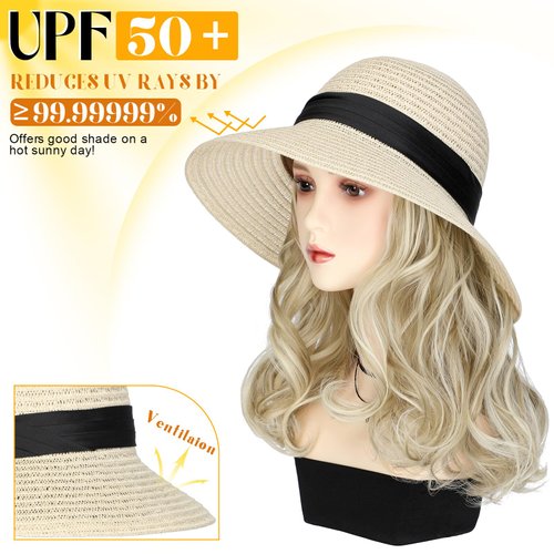 Lansigreen Sun Hat with Hair Extensions Hat Wig UPF 50+ Foldable Wide Brim Straw Beach Hat Attached 9" Wavy Hairpiece Synthetic for Women Summer Ash Blonde Mix Bleach Blonde