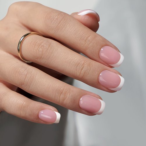 btartboxnails XCOATTIPS French Nails - Extra Short Square Nail Tips with Nail Gel, French Protecing Duo, Nail Lamp, All in One Soft Gel French Tip Press on Nails Gel Extension