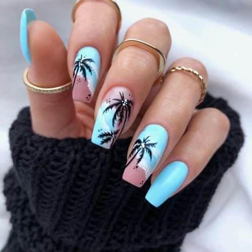 Summer Press on Nails Long, Coffin Shape Fake Nail, Glossy Blue Beach Long Glue on Nails, Summer Island Coconut Tree Designs False Nails, Artificial Acrylic Nails for Women Girls