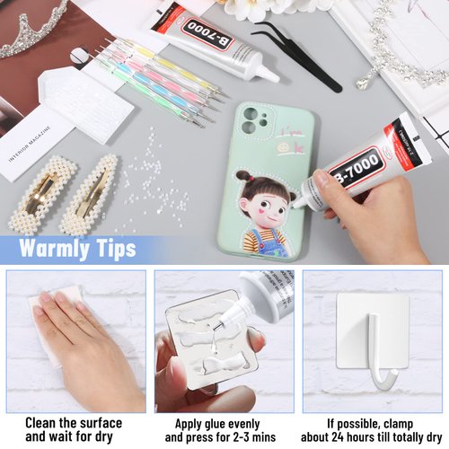 B-7000 Clear Glue Adhesive for Crafting, Industrial Strength Semi Fluid B7000 Glue with Precision Applicator Tips, Art Dotting Stylus Pens for DIY Rhinestone Jewelry Bead Making(2 PCS, 50 ML/ 2.1 oz)