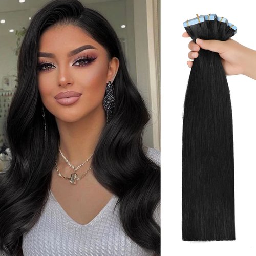 JESSBO Tape in Hair Extensions Human Hair Jet Black 100% Remy Human Hair 16 inch 20pcs 40g/pack S...