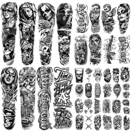 46 Sheets Chicano Temporary Tattoo for Men Women, 8 Full Arm Gangster Prisoner Fake Tattoos, 8 Half Arm Mexico Cholas Payasas Lowriders Clown Tattoos, 30 Tiny Body Tattoos Stickers Realistic Adult Kid