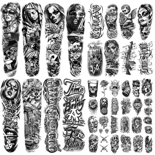 46 Sheets Chicano Temporary Tattoo for Men Women, 8 Full Arm Gangster Prisoner Fake Tattoos, 8 Half Arm Mexico Cholas Payasas Lowriders Clown Tattoos, 30 Tiny Body Tattoos Stickers Realistic Adult Kid