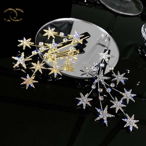 Bartosi Rhinestone Star Hair Clips Crystal Star Hair Clip Bride Wedding Hair Barrettes Sparkly Silver Hair Pins Bridal Decorative Hair Accessories for Women and Girls (Pack of 2)