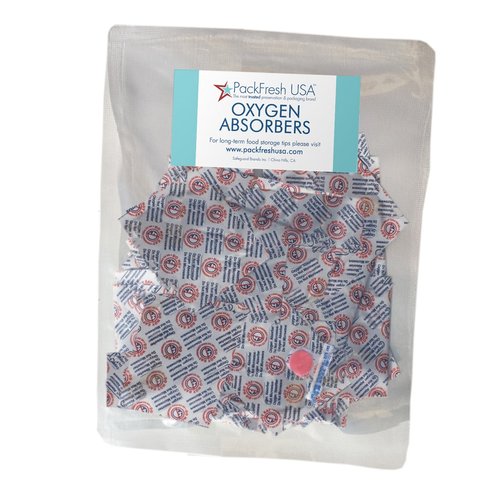 PackFreshUSA: 25 Pack - 500cc Oxygen Absorber Packs - Food Grade - Food Preservation - Long-Term Food Storage Guide Included